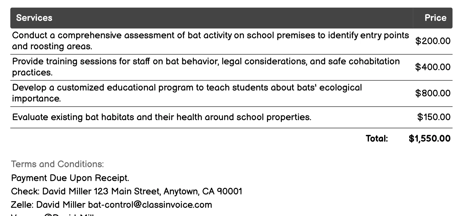 Educational Consultation Invoice Example