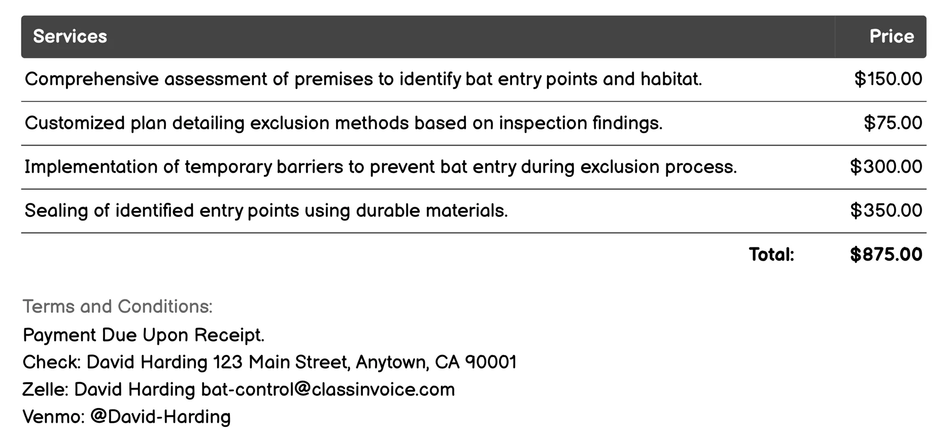 Exclusion Services Invoice Example