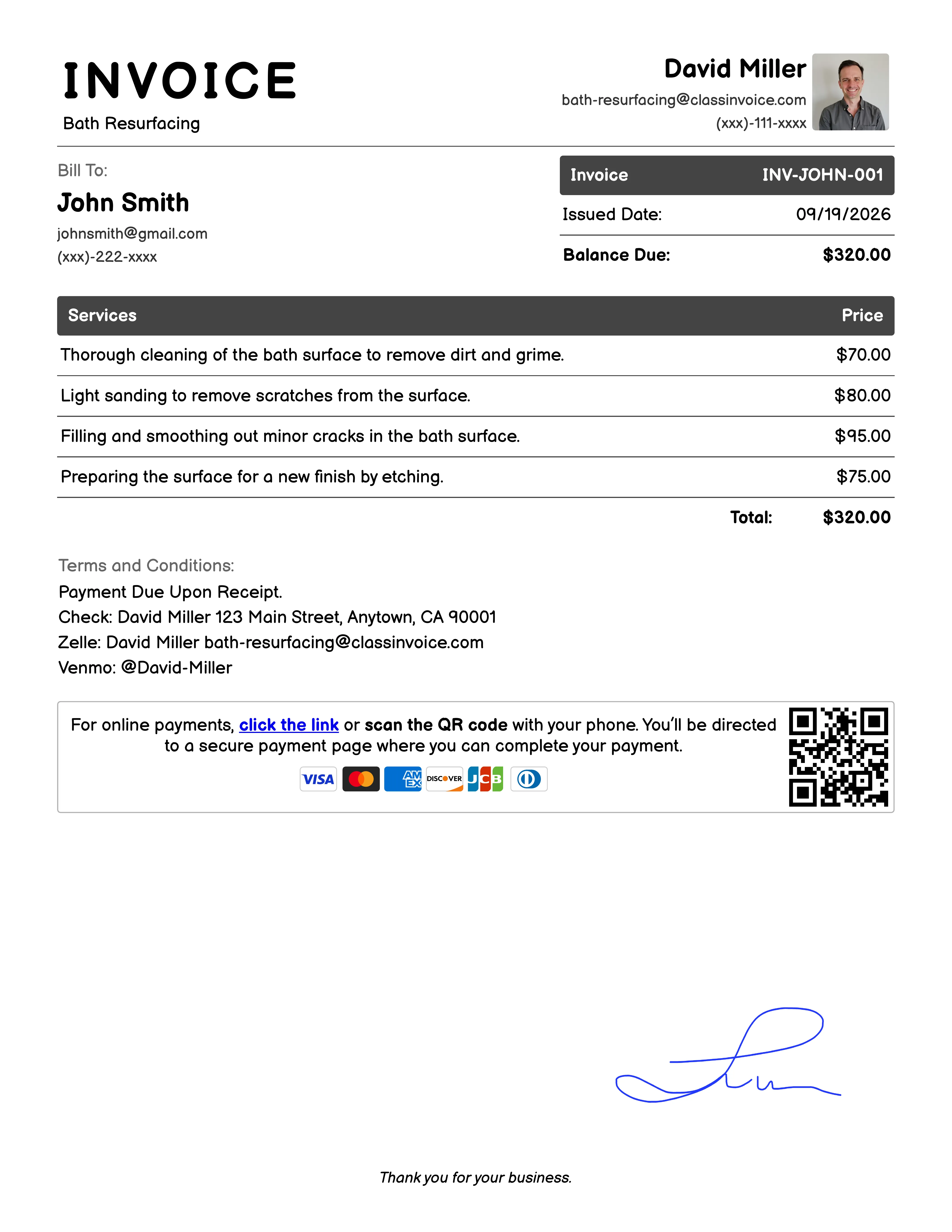 Bath Resurfacing Invoice Example