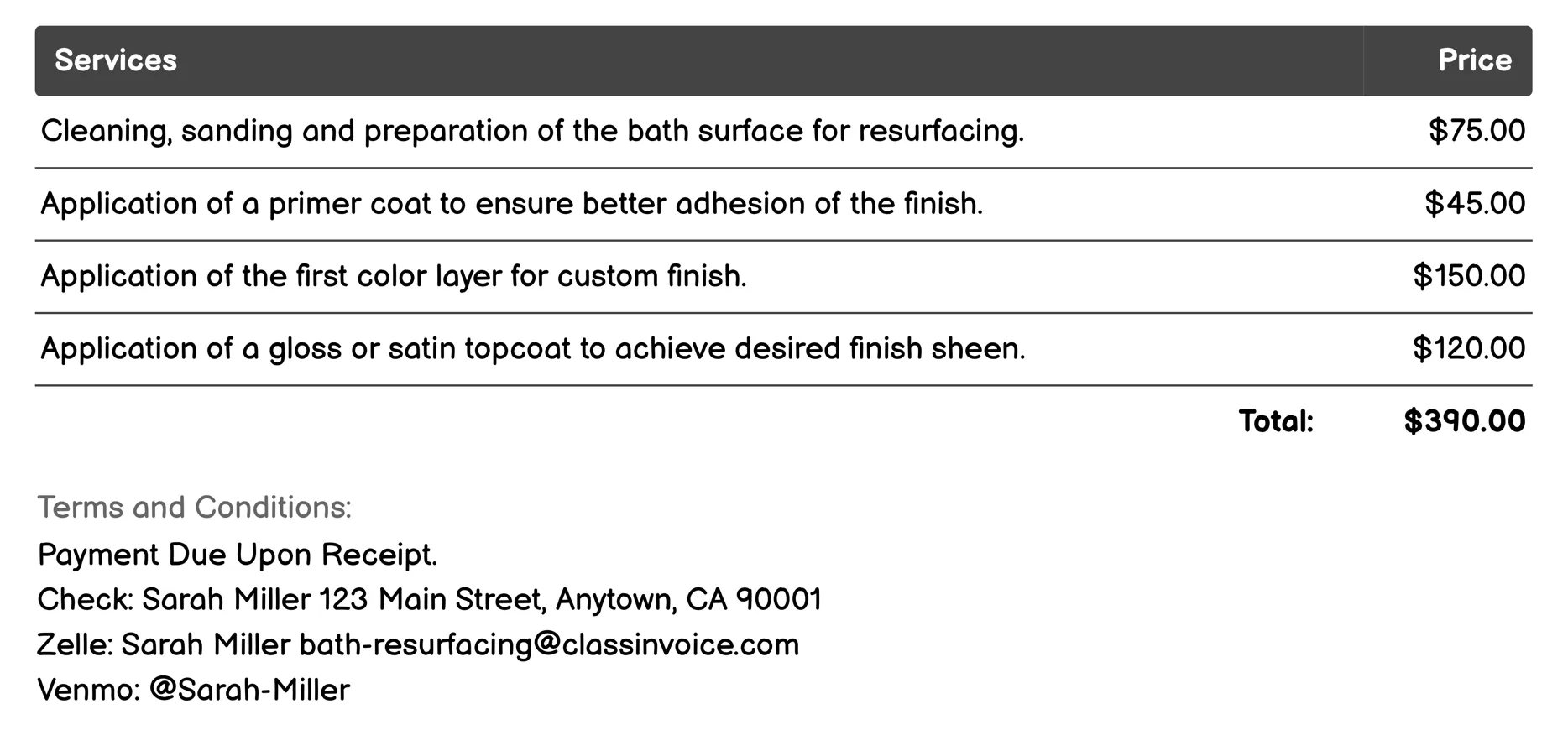 Custom Finish Application Invoice Example
