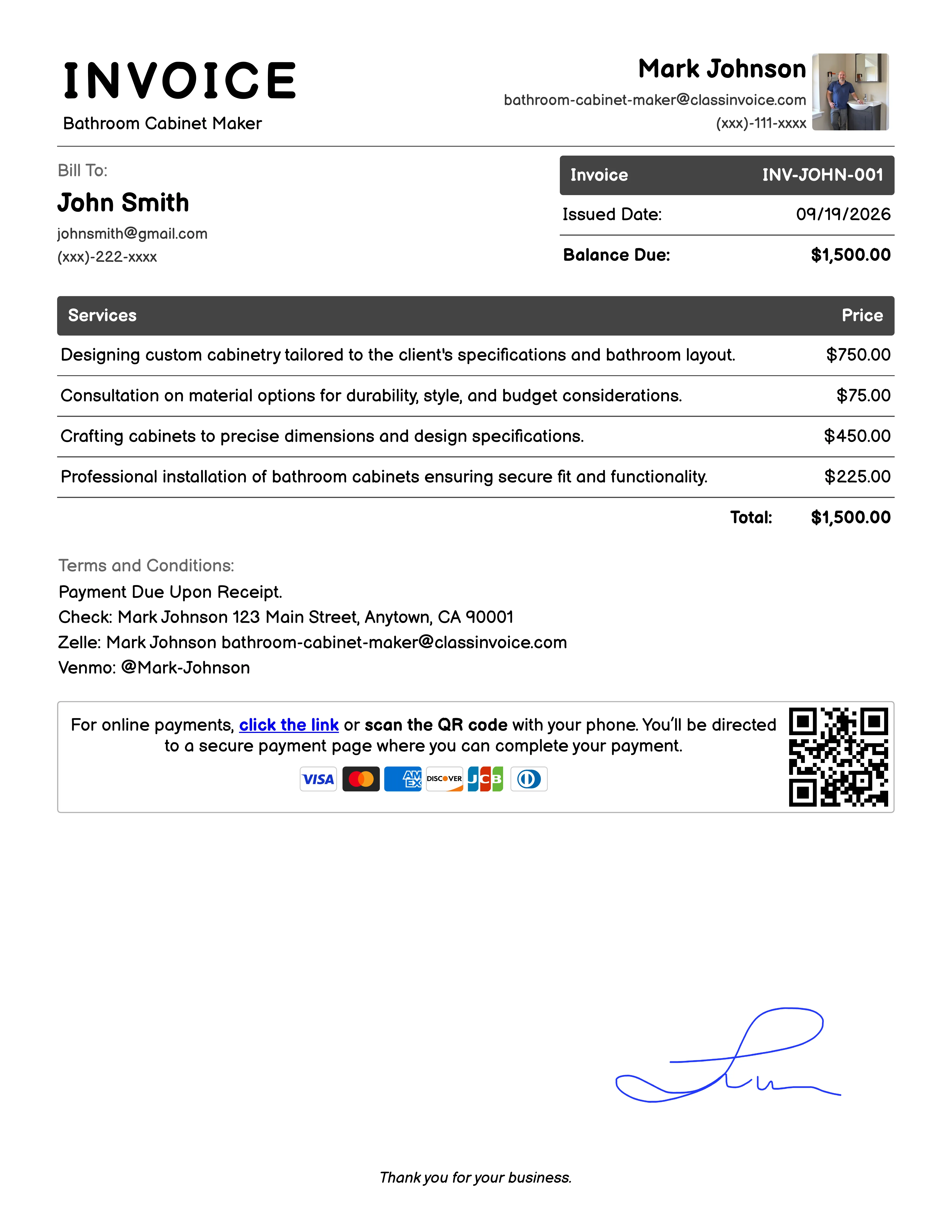 Bathroom Cabinet Maker Invoice Example