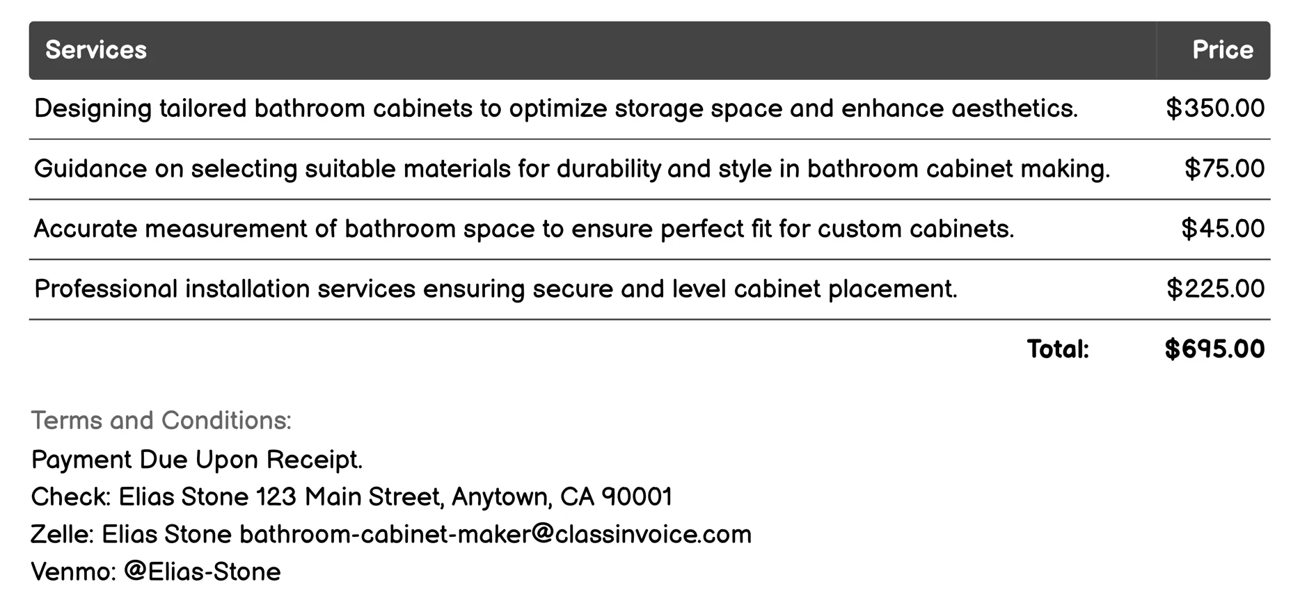 Bathroom Storage Solutions Design Invoice Example