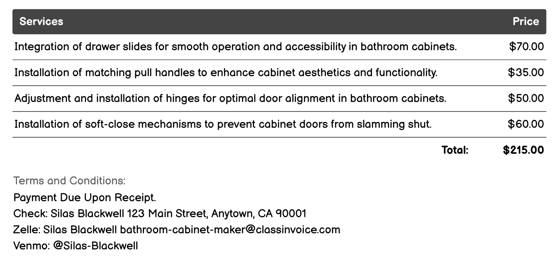 Cabinet Accessory Integration Invoice Example