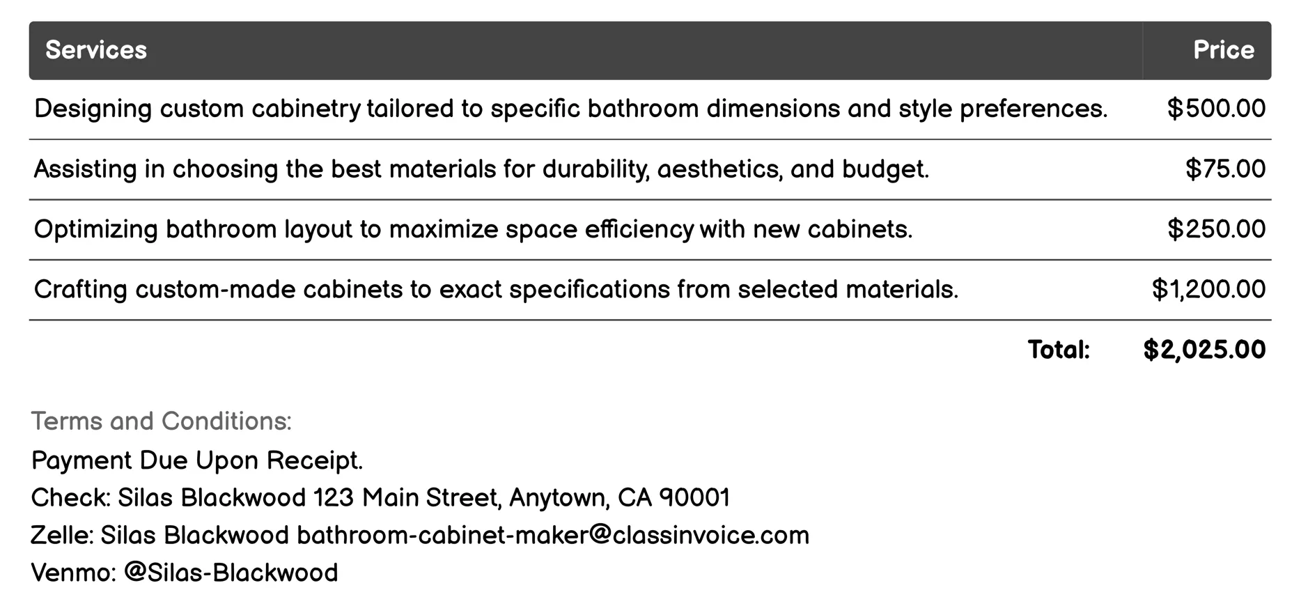 Custom Bathroom Cabinets Invoice Example