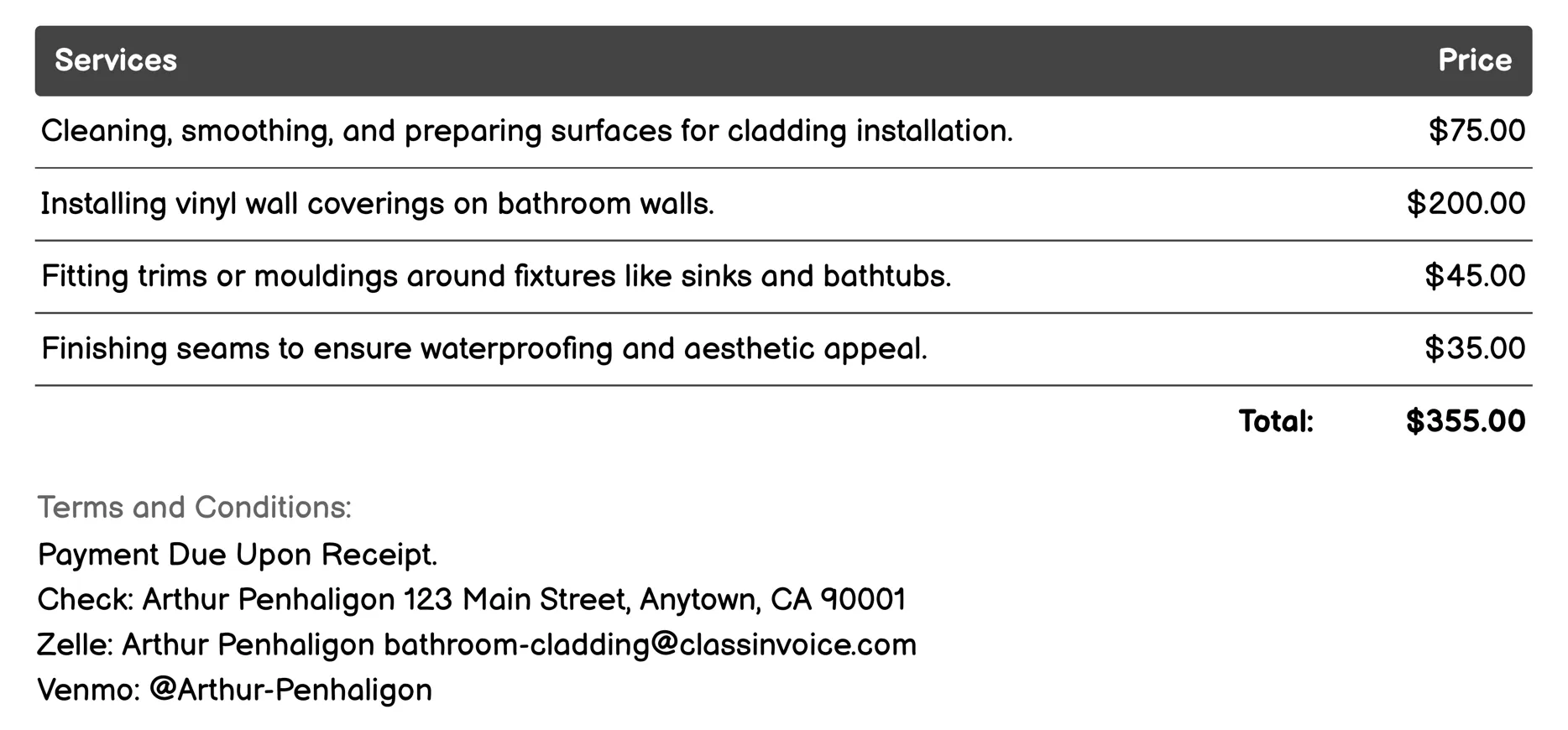 Vinyl Wall Coverings Invoice Example