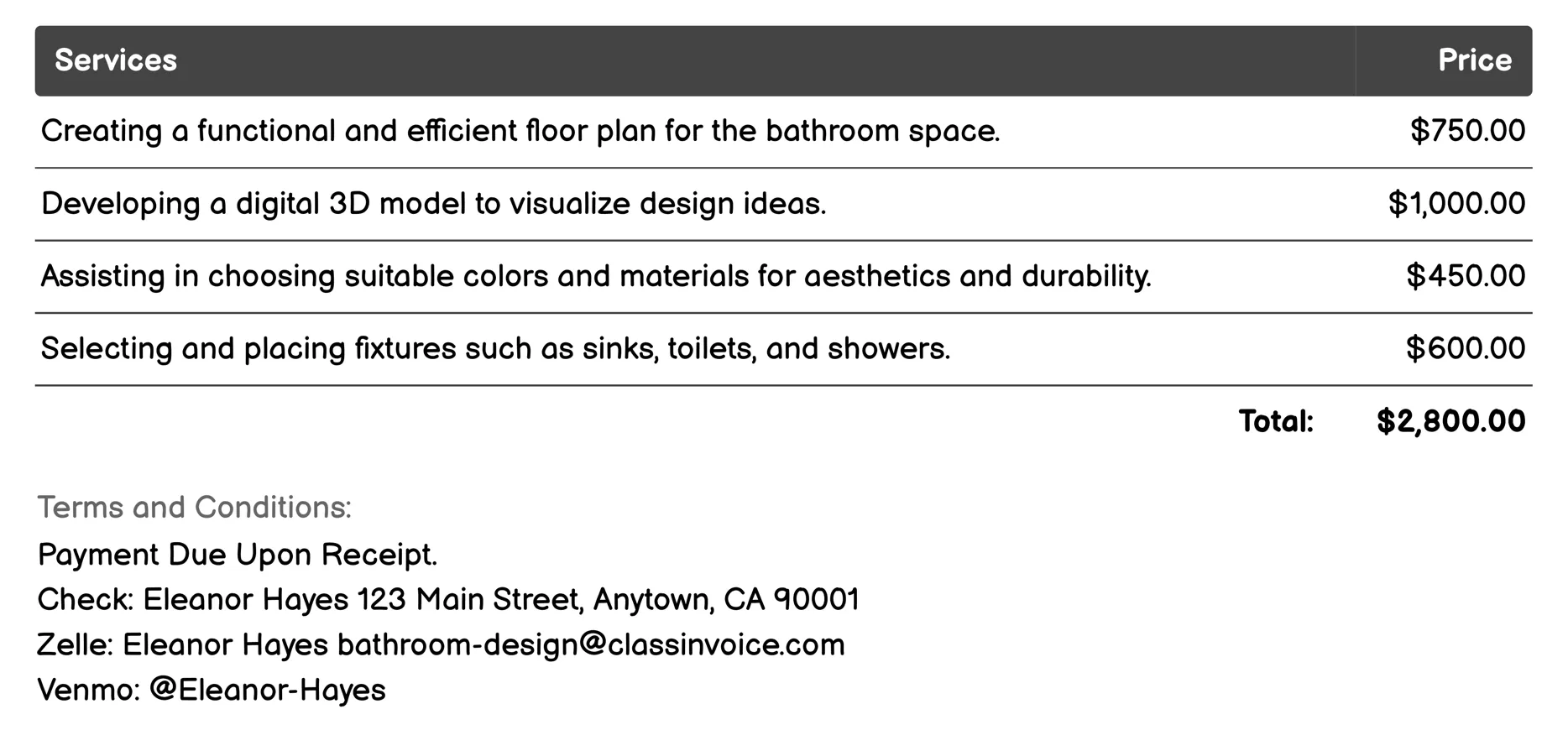 Interior Design Consultation Invoice Example