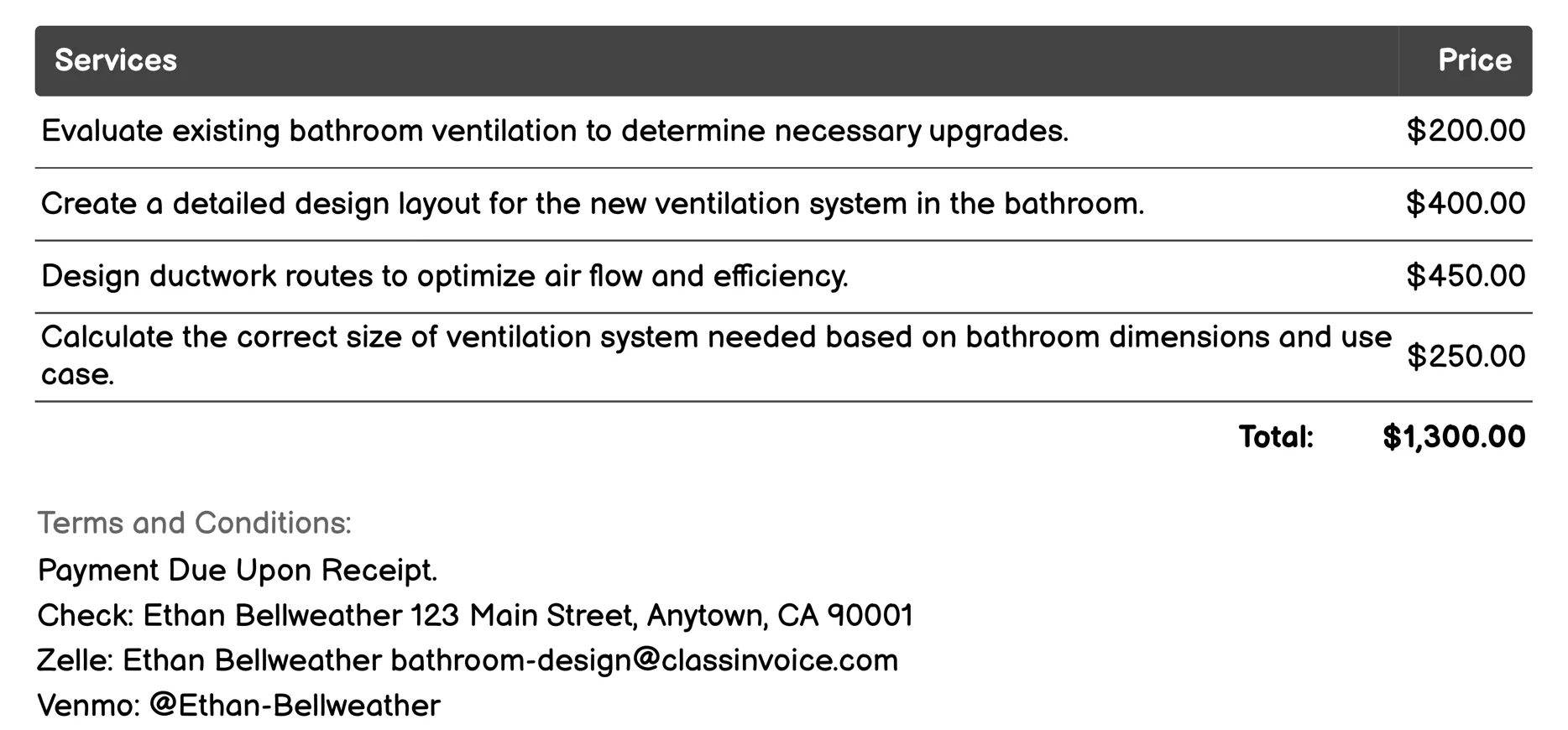 Ventilation System Design Invoice Example