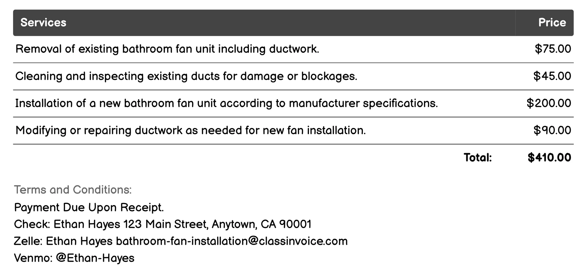 Bathroom Fan Replacement Installation Invoice Example