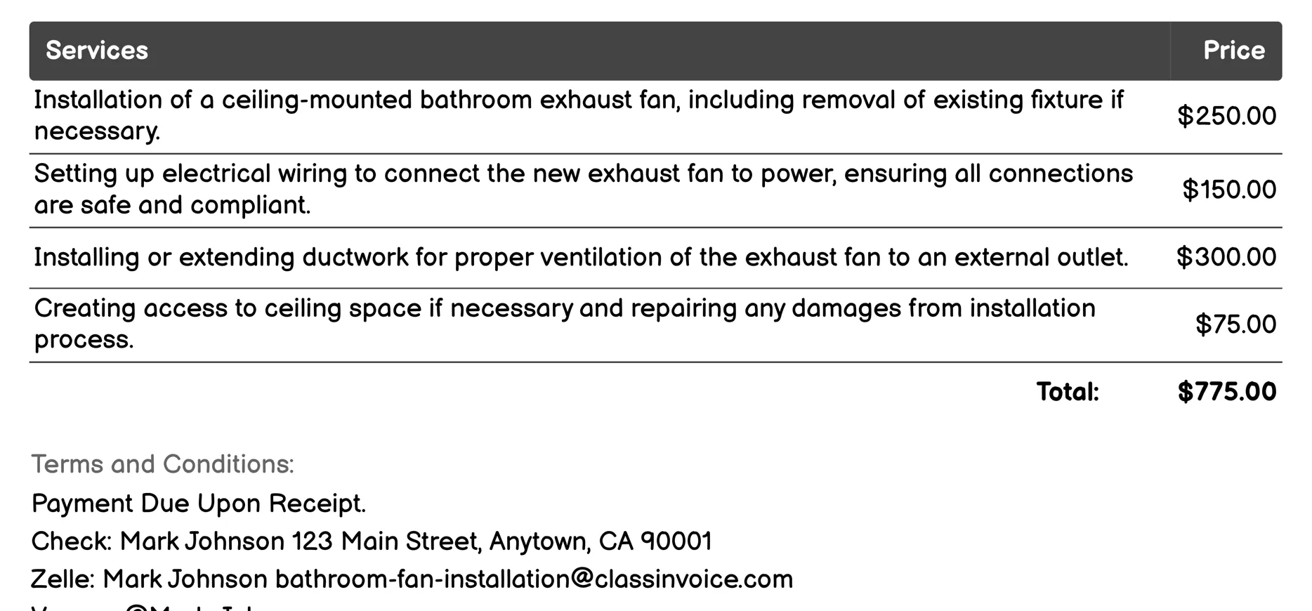Ceiling-Mounted Exhaust Fan Installation Invoice Example