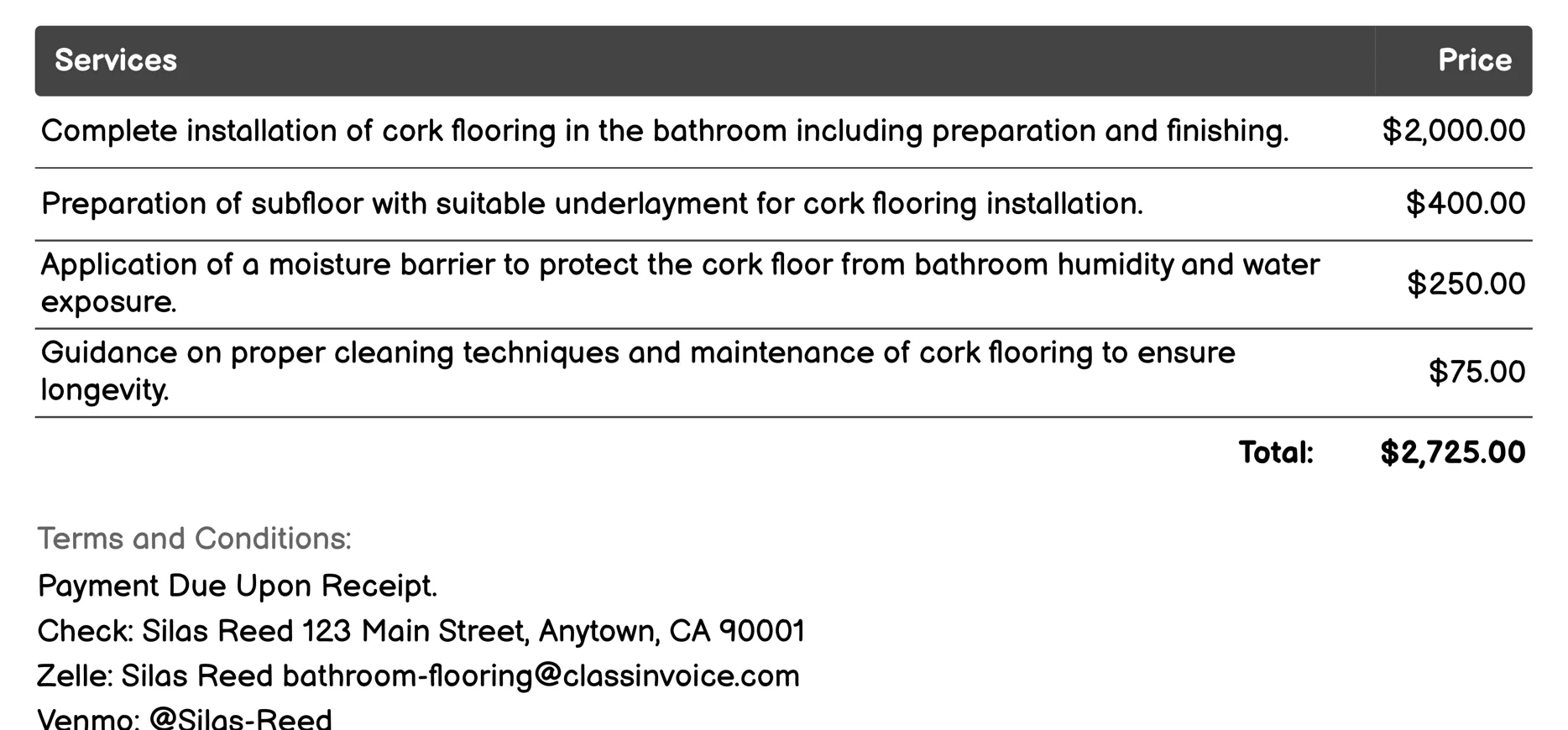 Cork Flooring Invoice Example