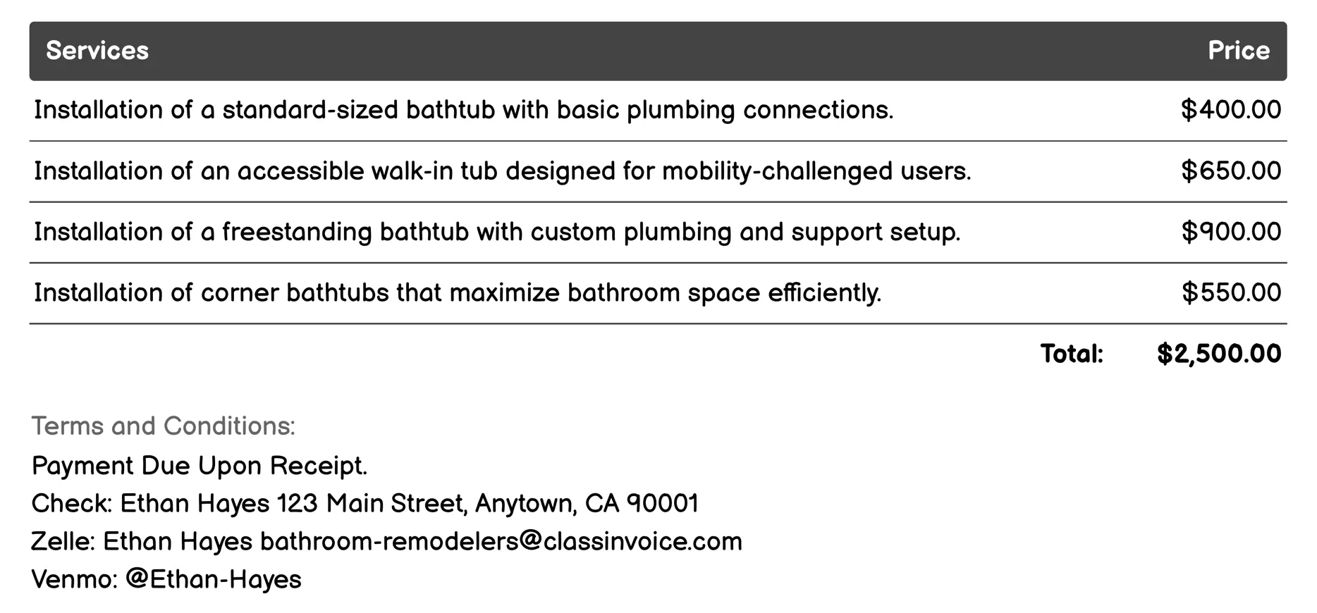 Bathtub Installation Invoice Example