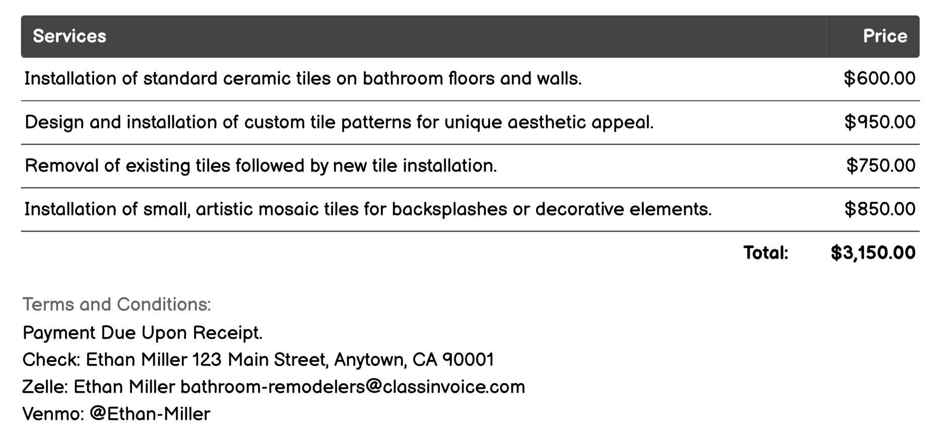Tile Installation Invoice Example