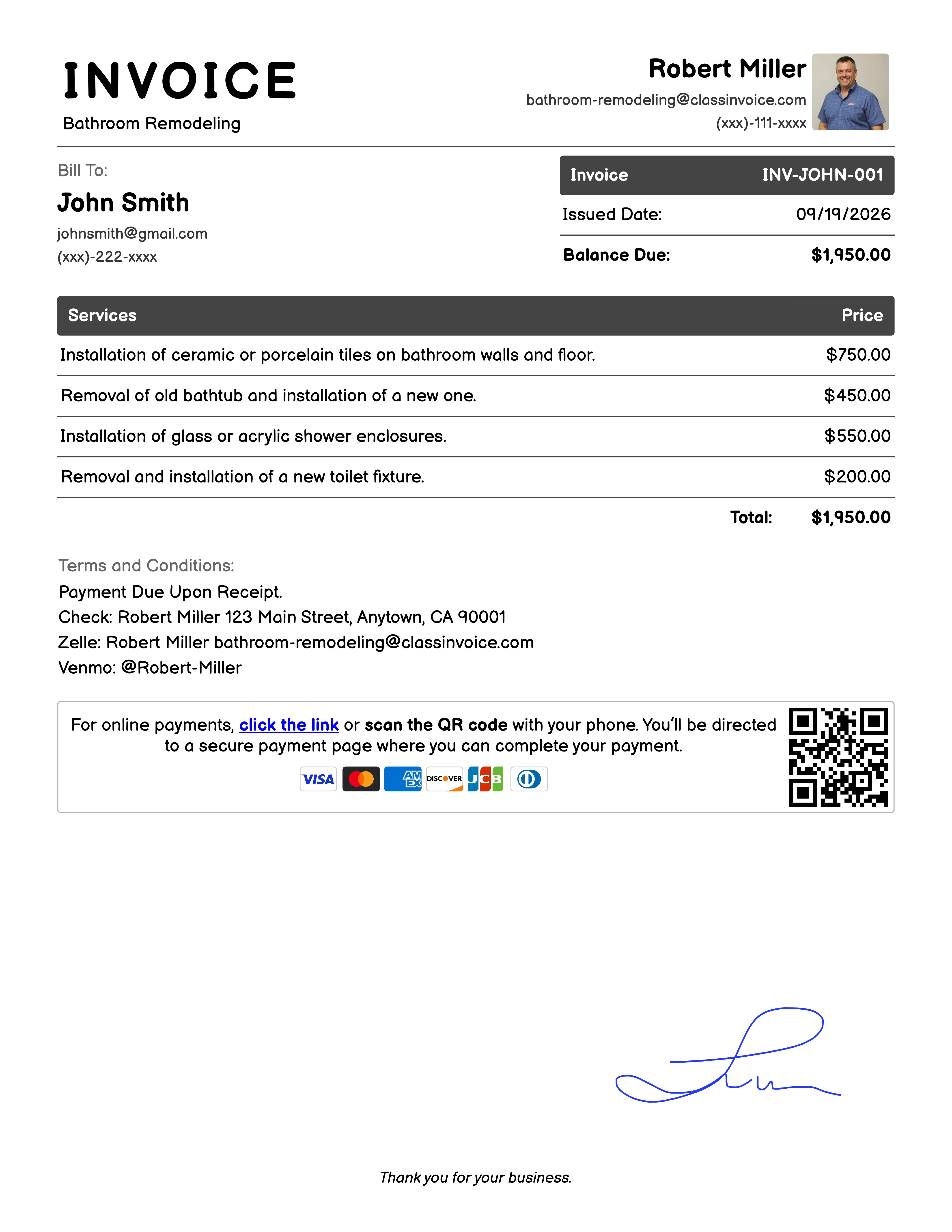 Bathroom Remodeling Invoice Example