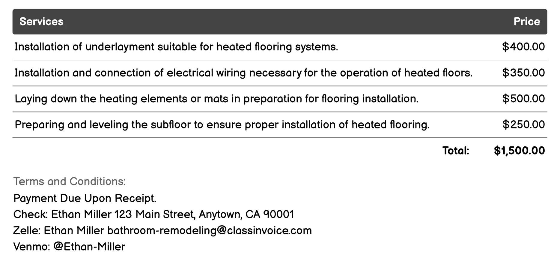Heated Flooring Installation Invoice Example