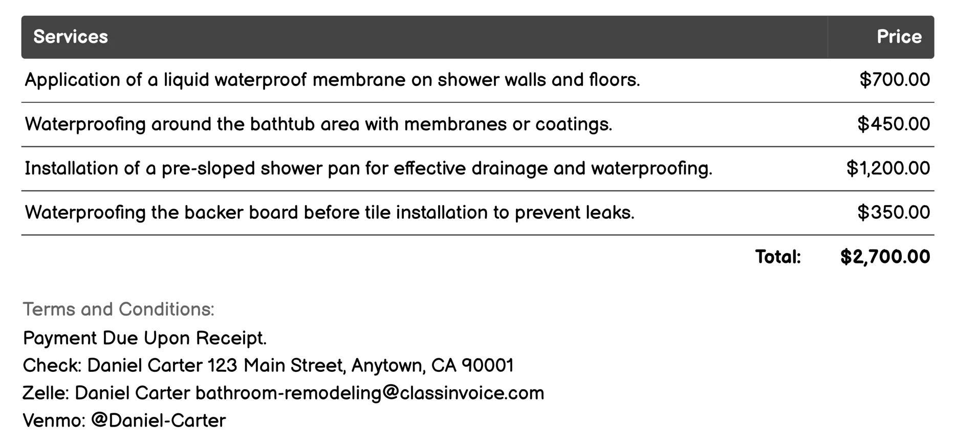 Waterproofing Services Invoice Example