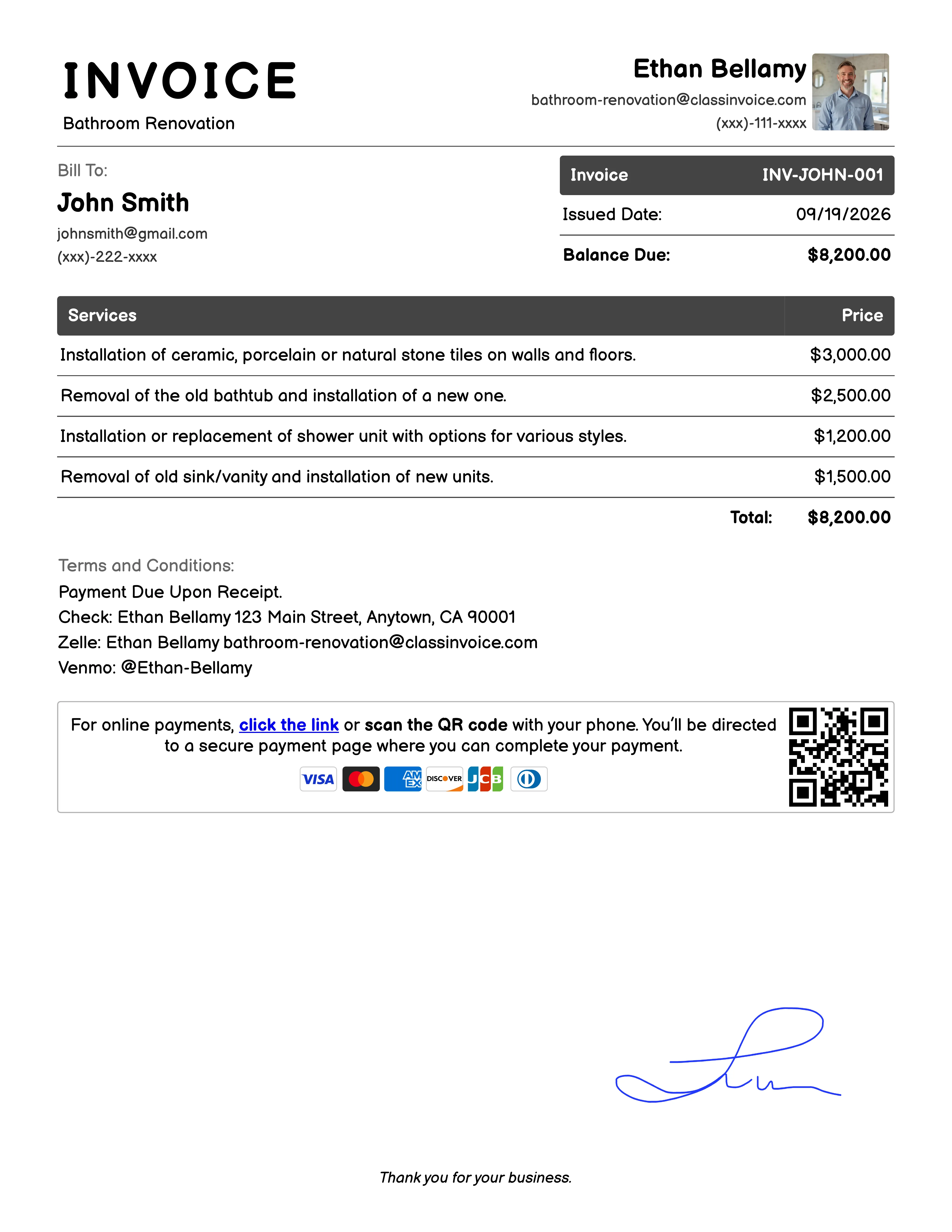 Bathroom Renovation Invoice Example
