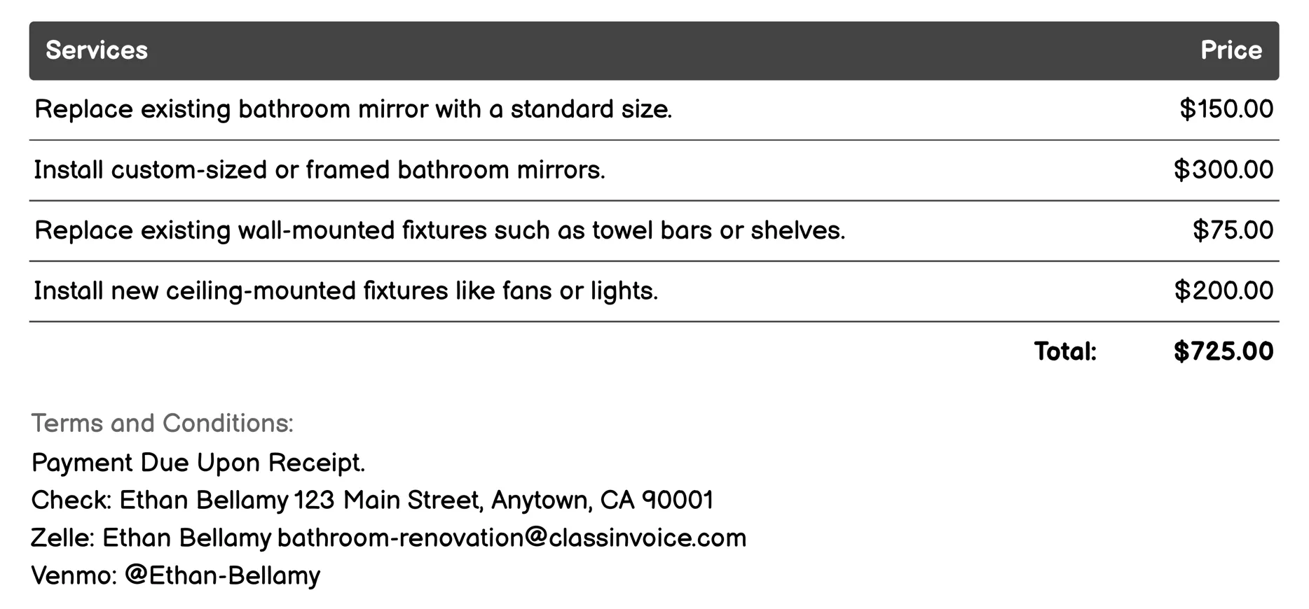 Mirror and Fixture Replacement Invoice Example