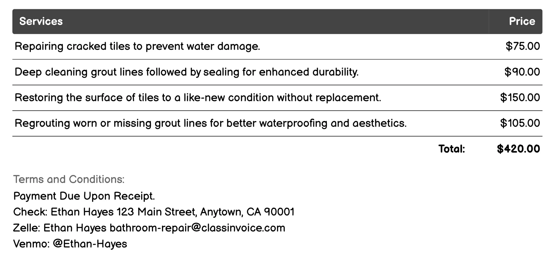 Tile and Grout Repair Invoice Example