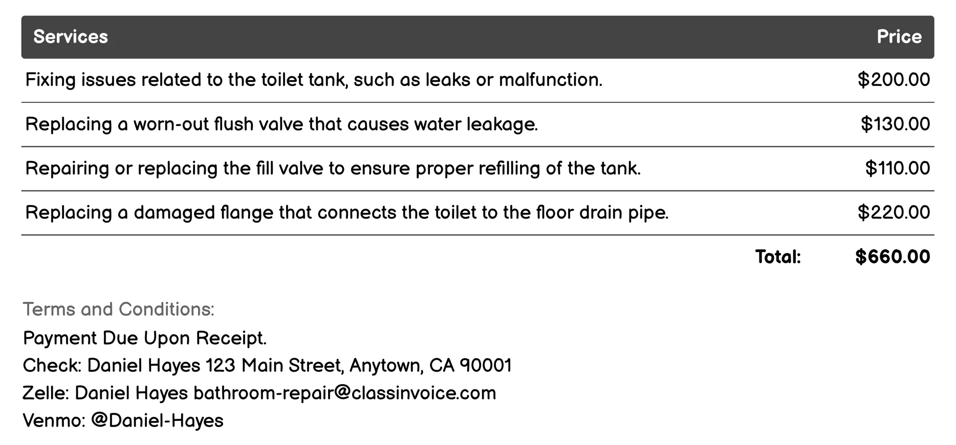 Toilet Repair Invoice Example