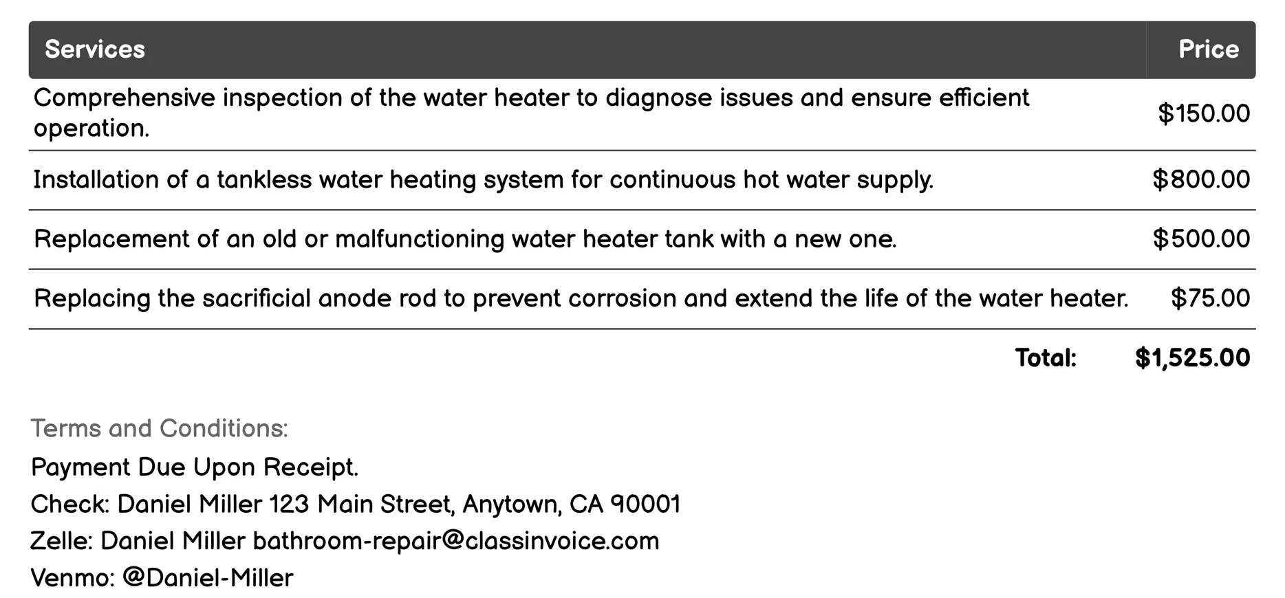 Water Heater Services Invoice Example