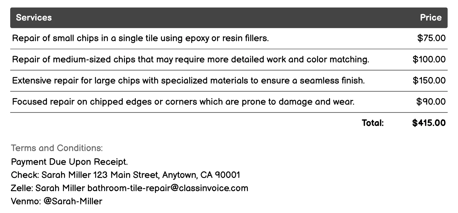 Chipped Tile Repair Invoice Example