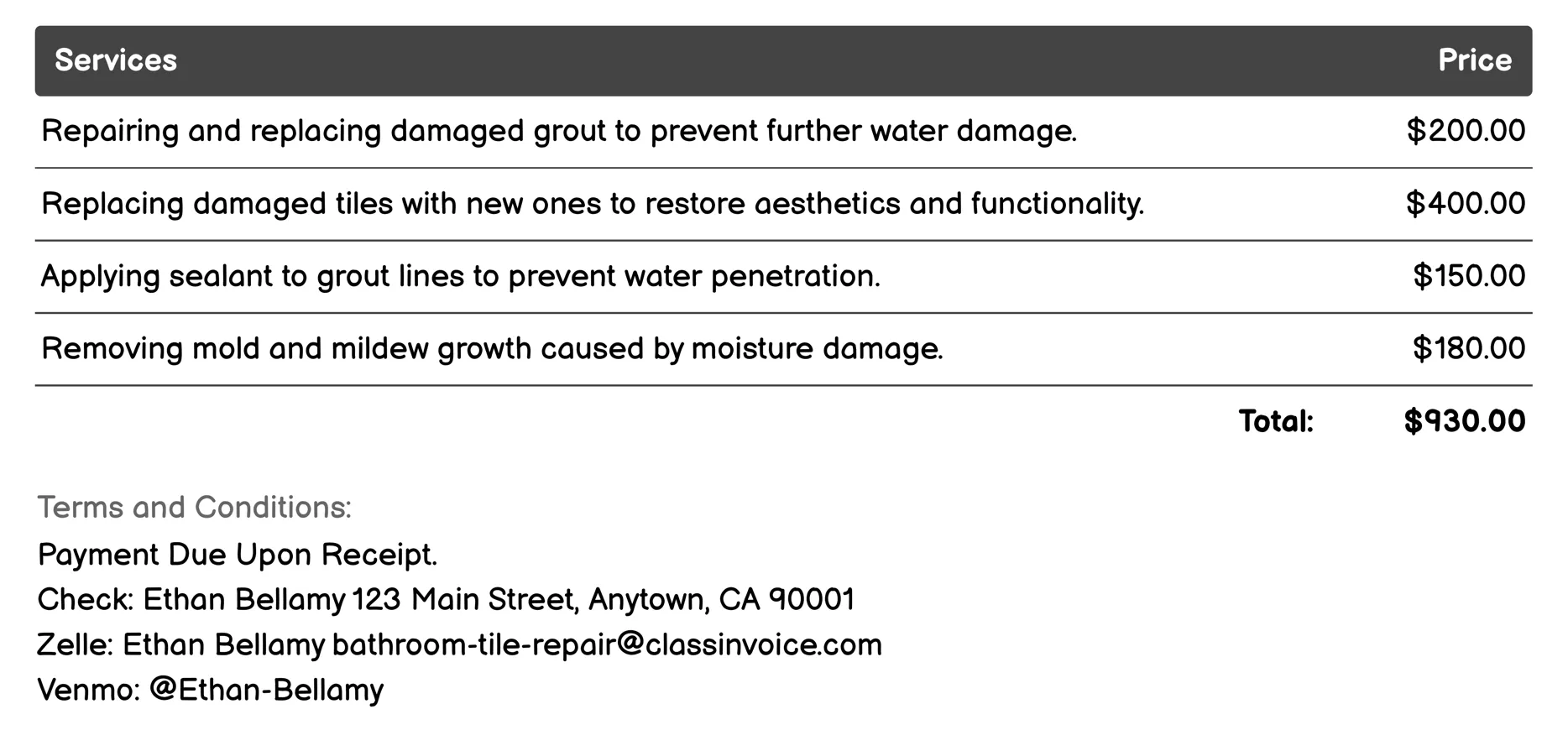 Water Damage Restoration Invoice Example