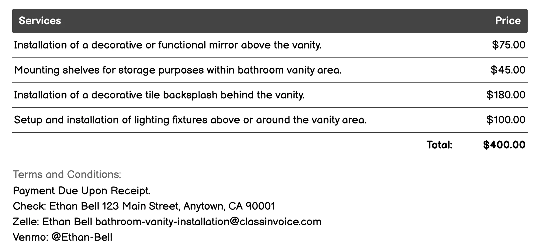 Accessories Setup Invoice Example