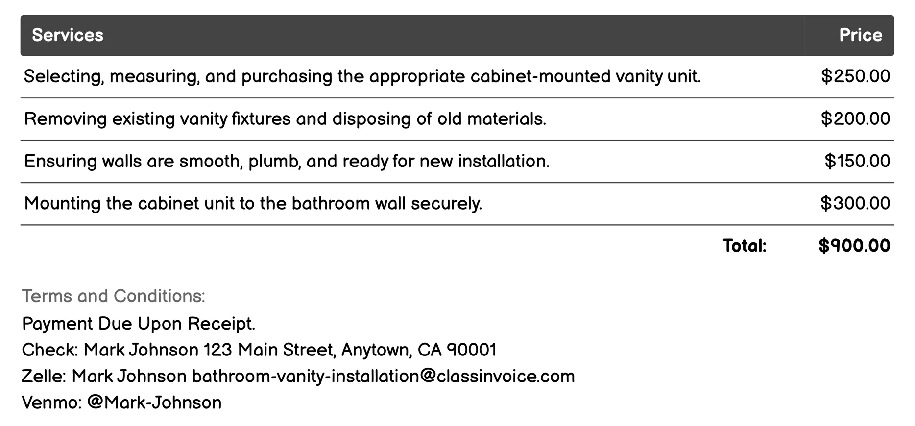 Cabinet-Mounted Vanity Installation Invoice Example