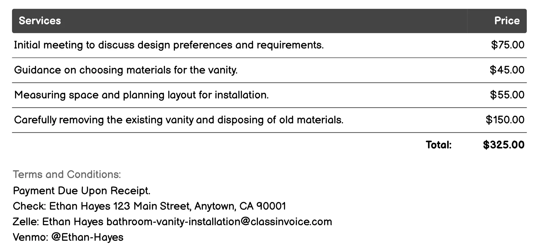 Custom Vanity Installation Invoice Example