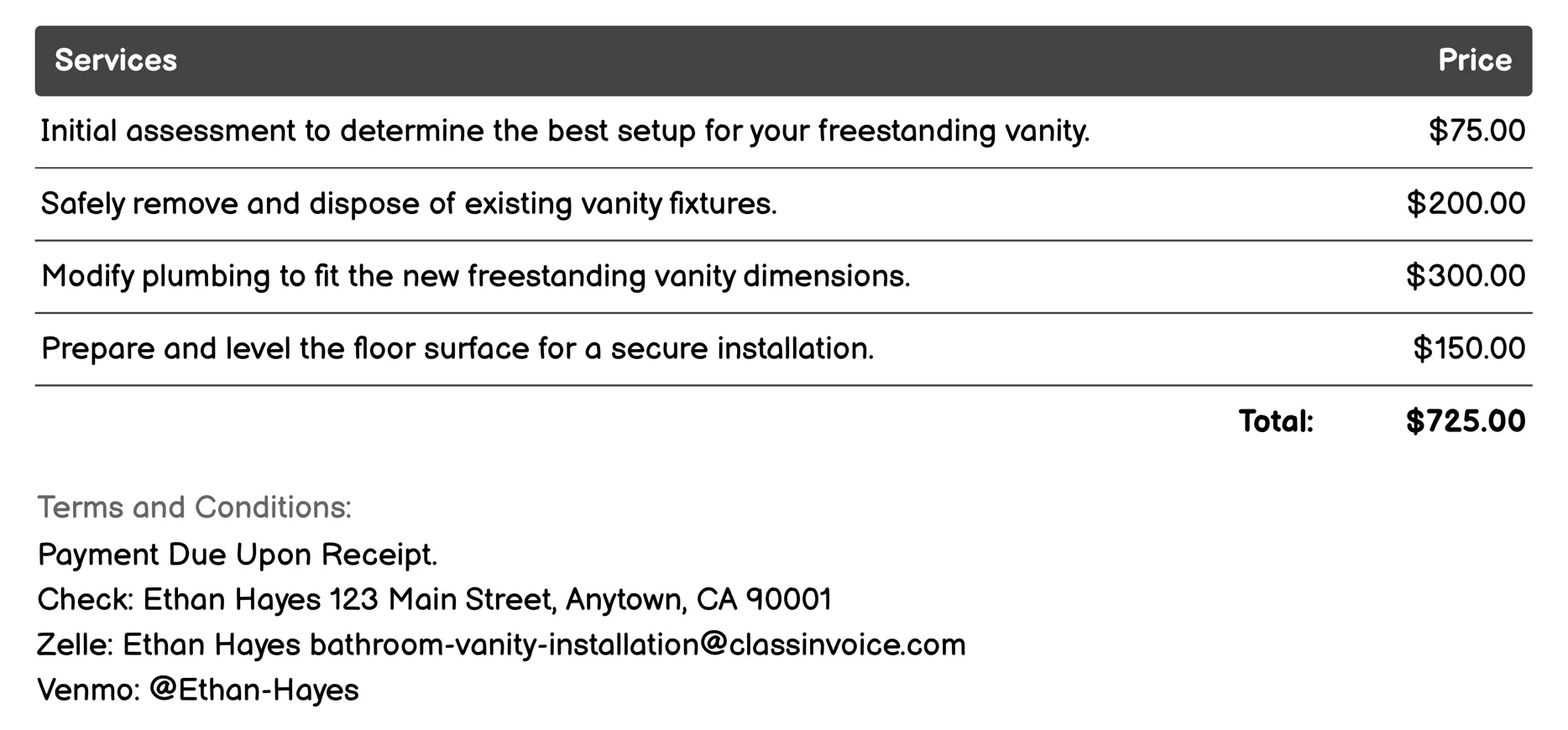 Freestanding Vanity Installation Invoice Example