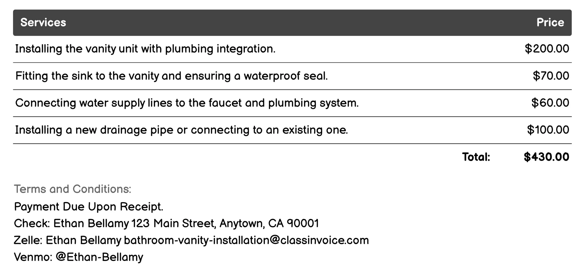Plumbing Integration Invoice Example