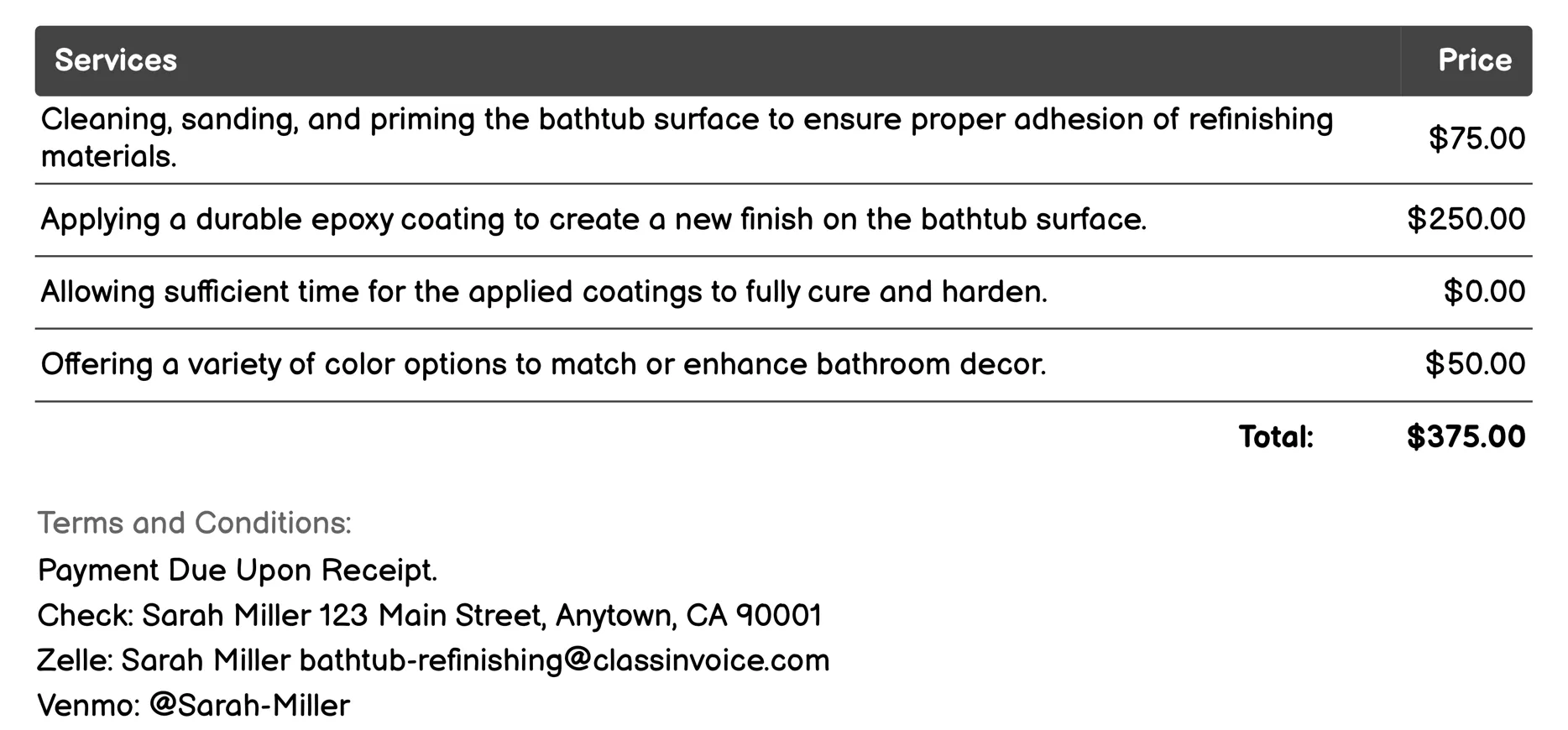 Acrylic Bathtub Refinishing Invoice Example