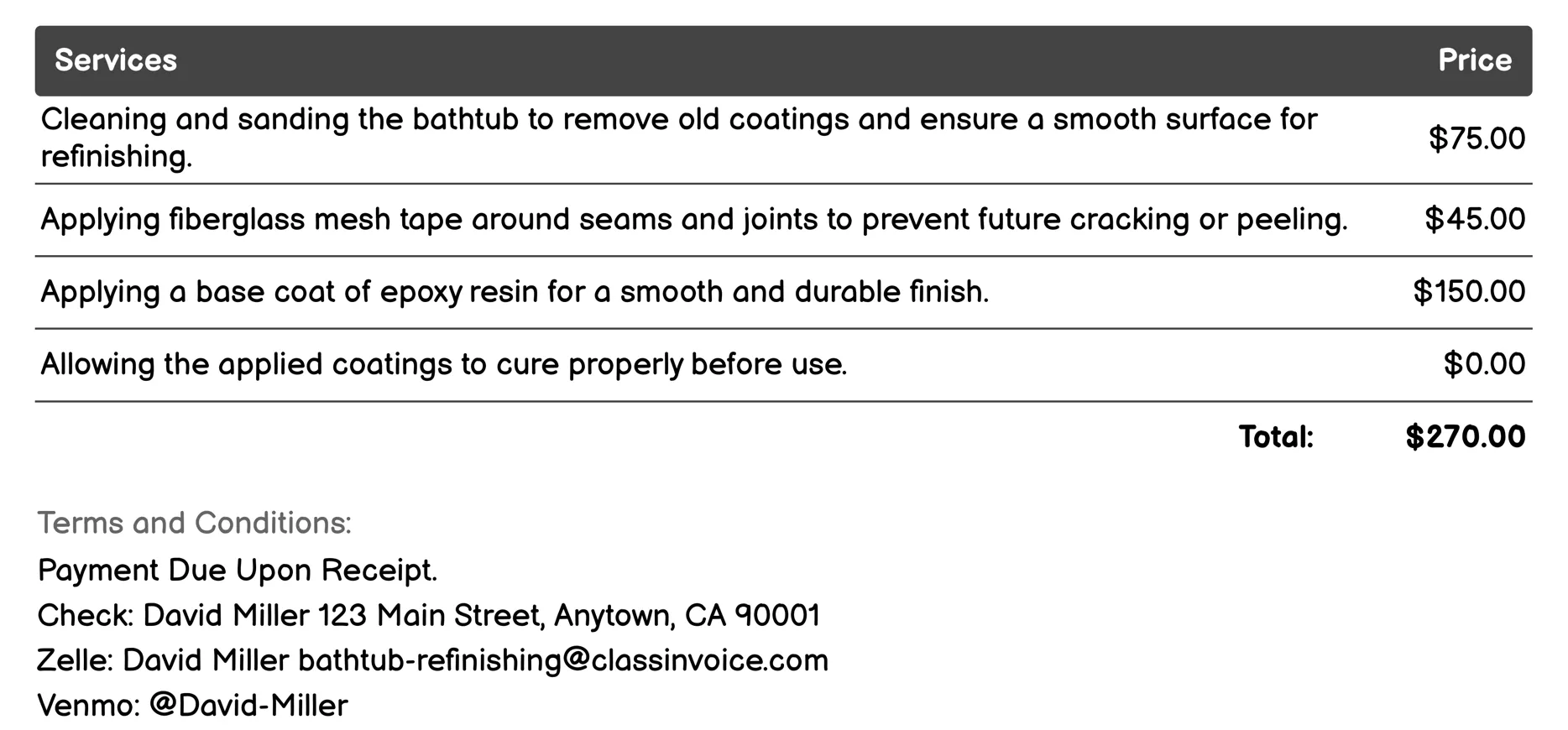 Fiberglass Bathtub Refinishing Invoice Example