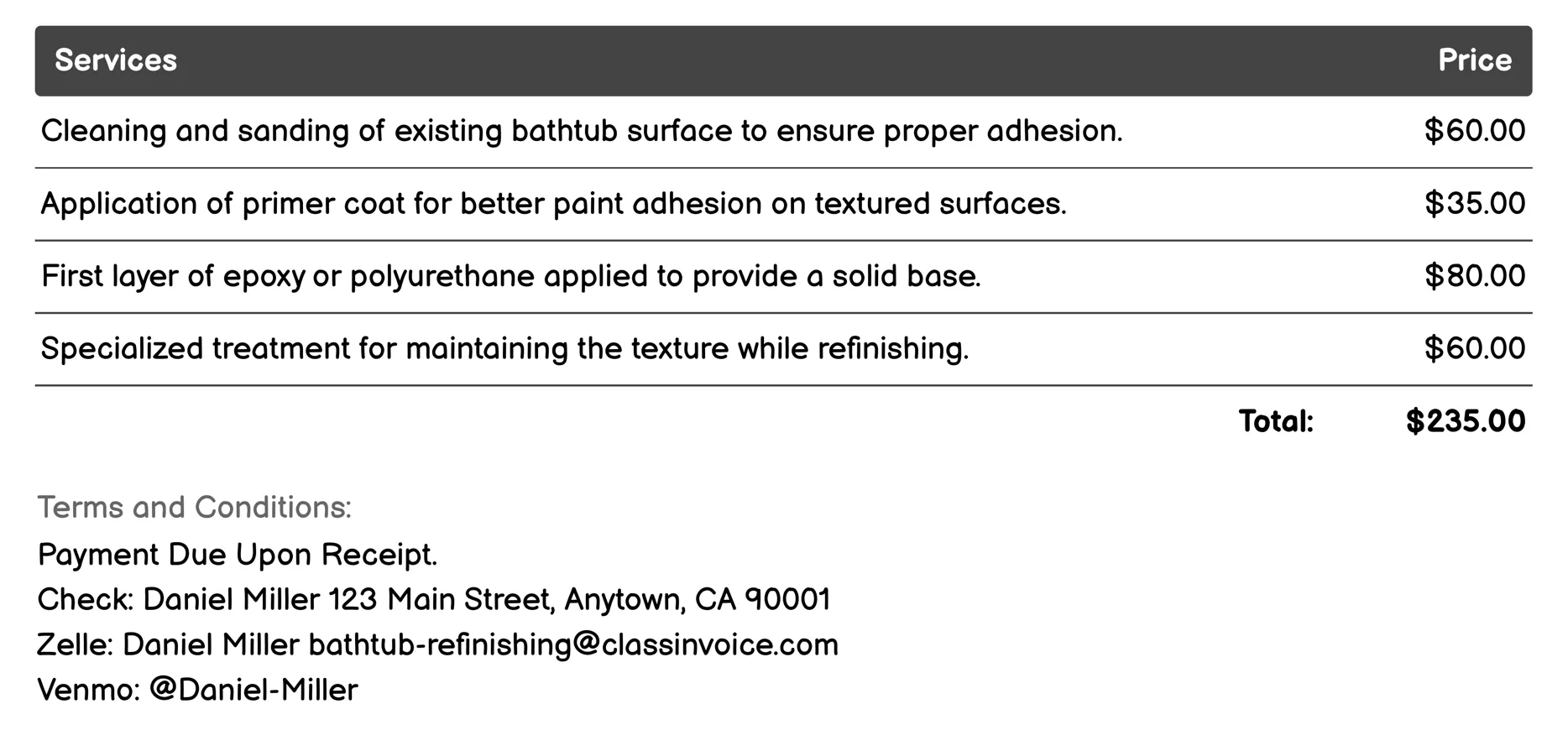 Textured Surface Refinishing Invoice Example