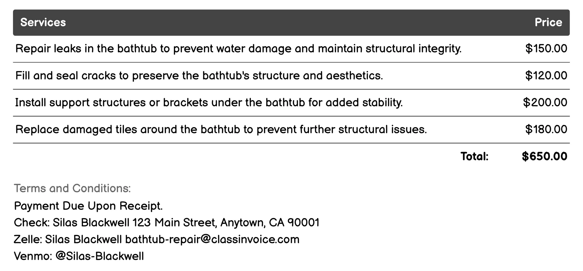 Structural Repair Invoice Example