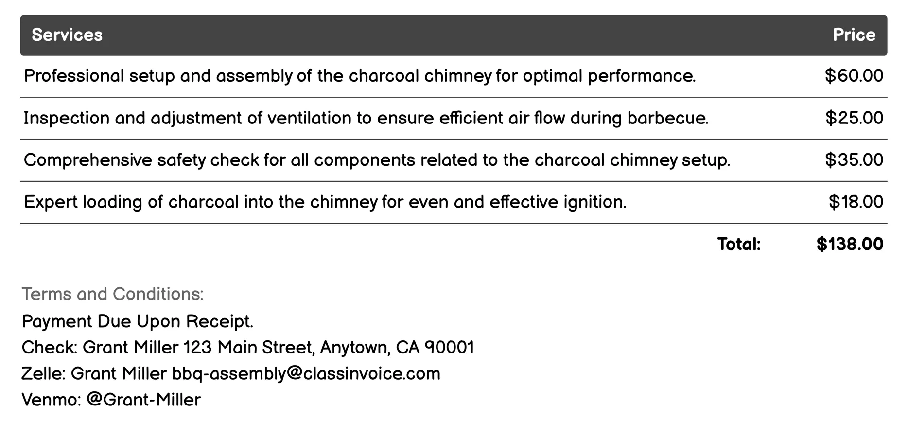 Charcoal Chimney Assembly Invoice Example