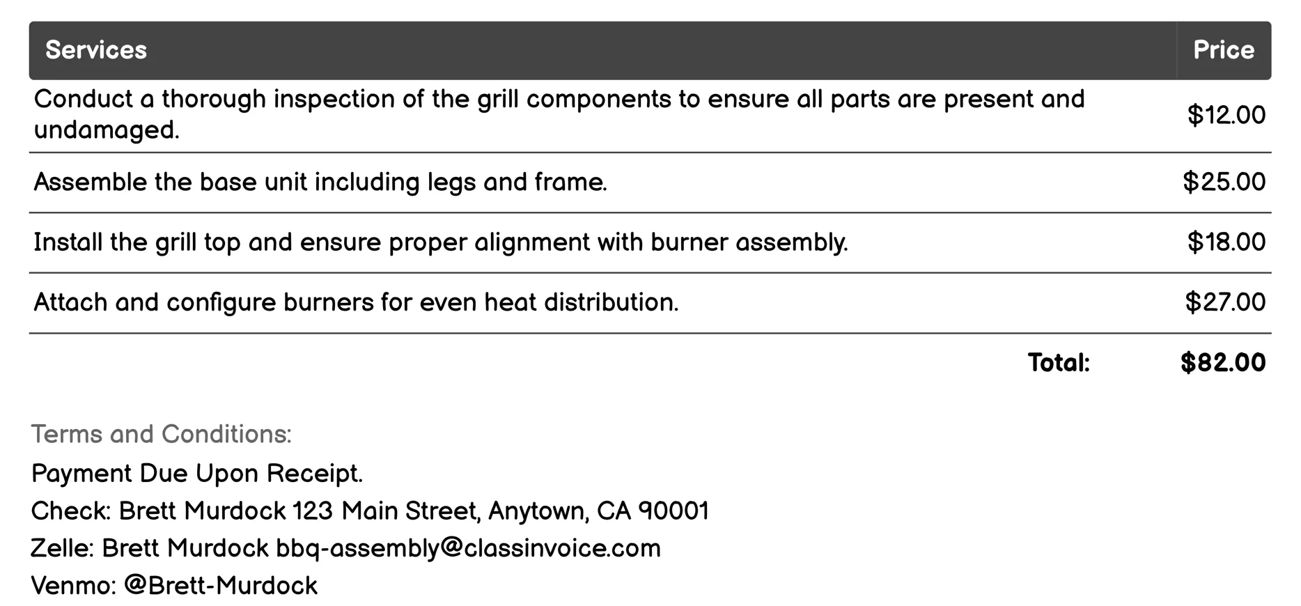 Standard BBQ Grill Assembly Invoice Example