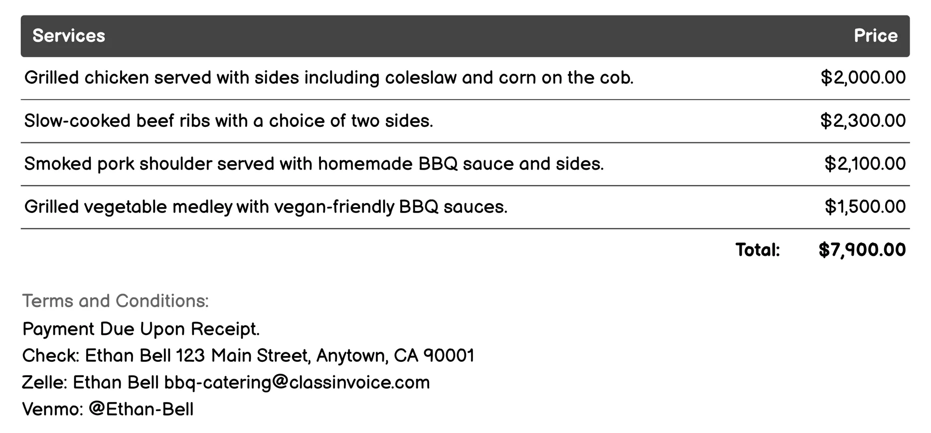 BBQ Corporate Events Catering Invoice Example