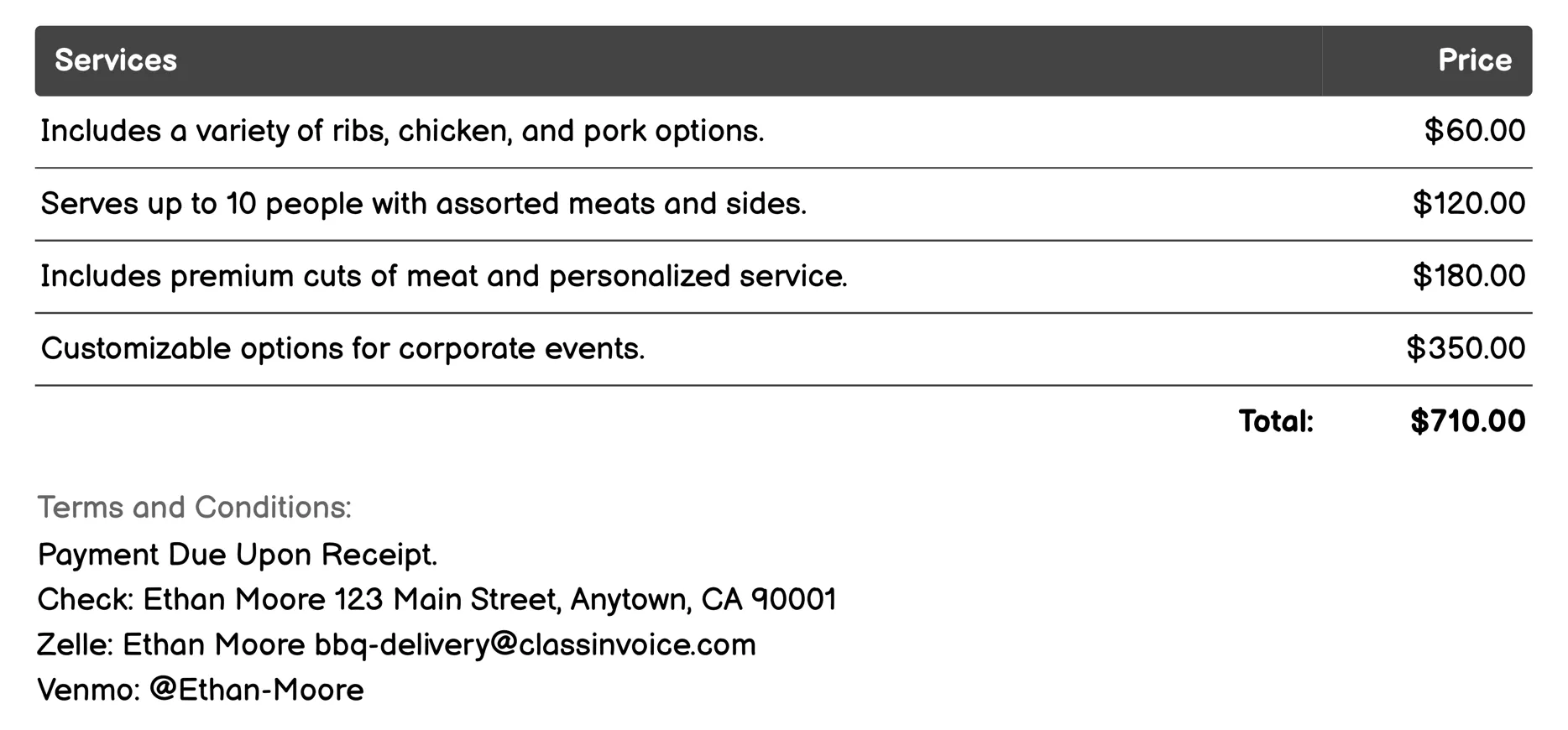 Grill-Out BBQ Invoice Example