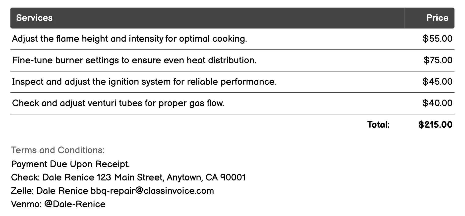 Flame Adjustment Service Invoice Example
