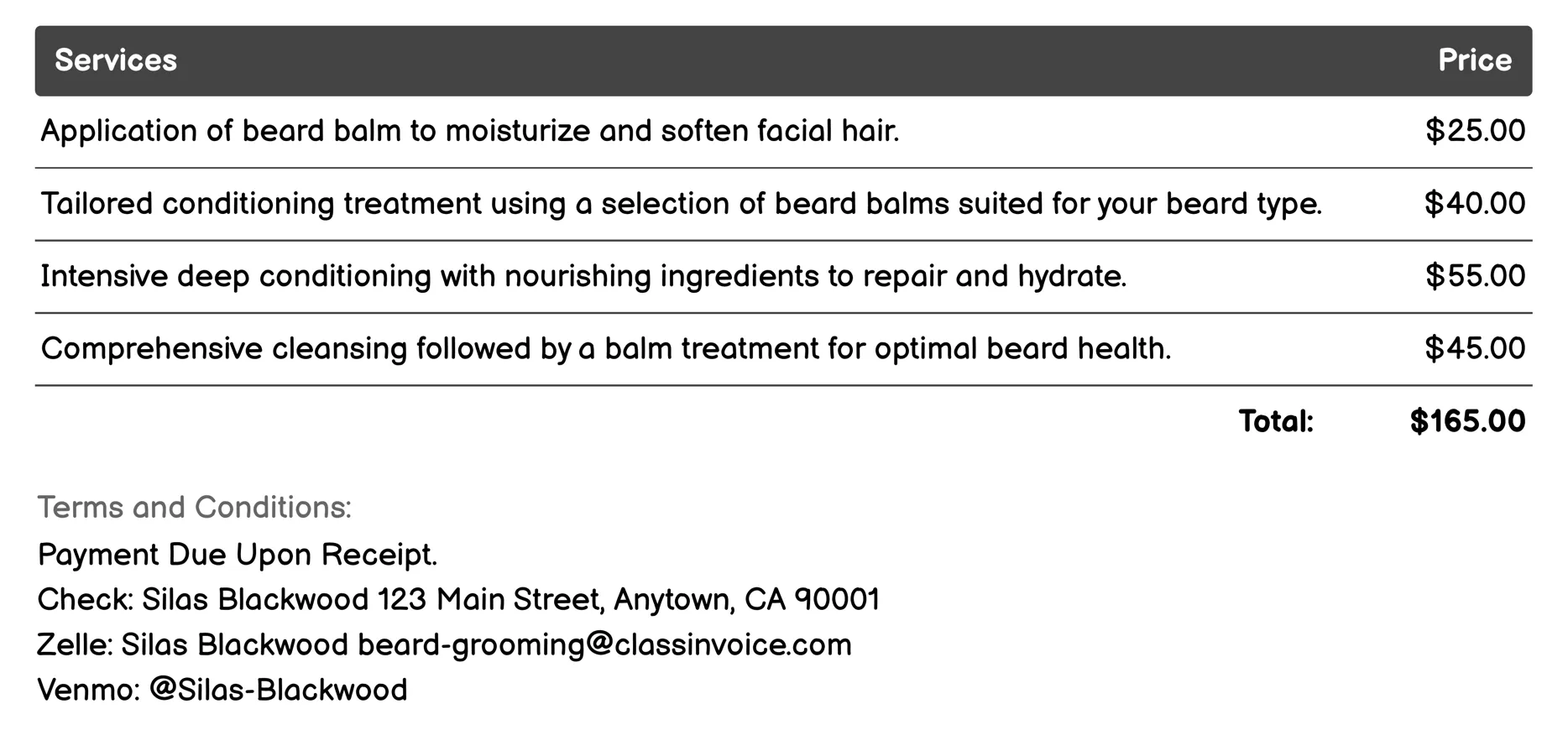 Beard Balm Treatment Invoice Example