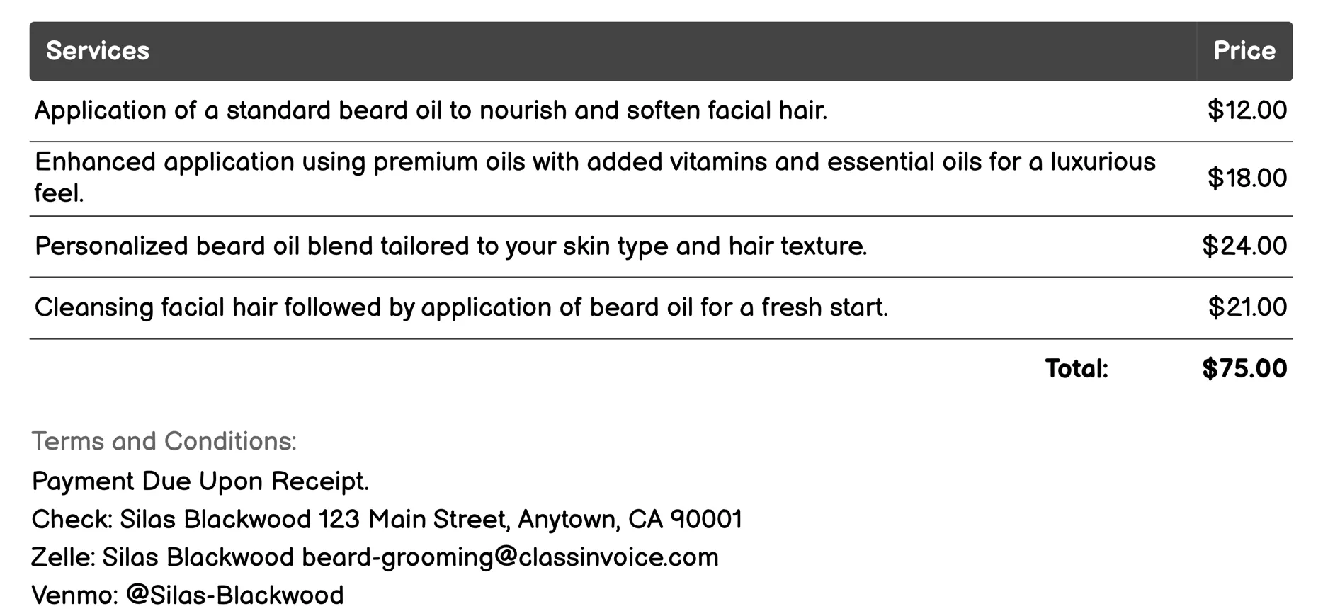 Beard Oil Application Invoice Example