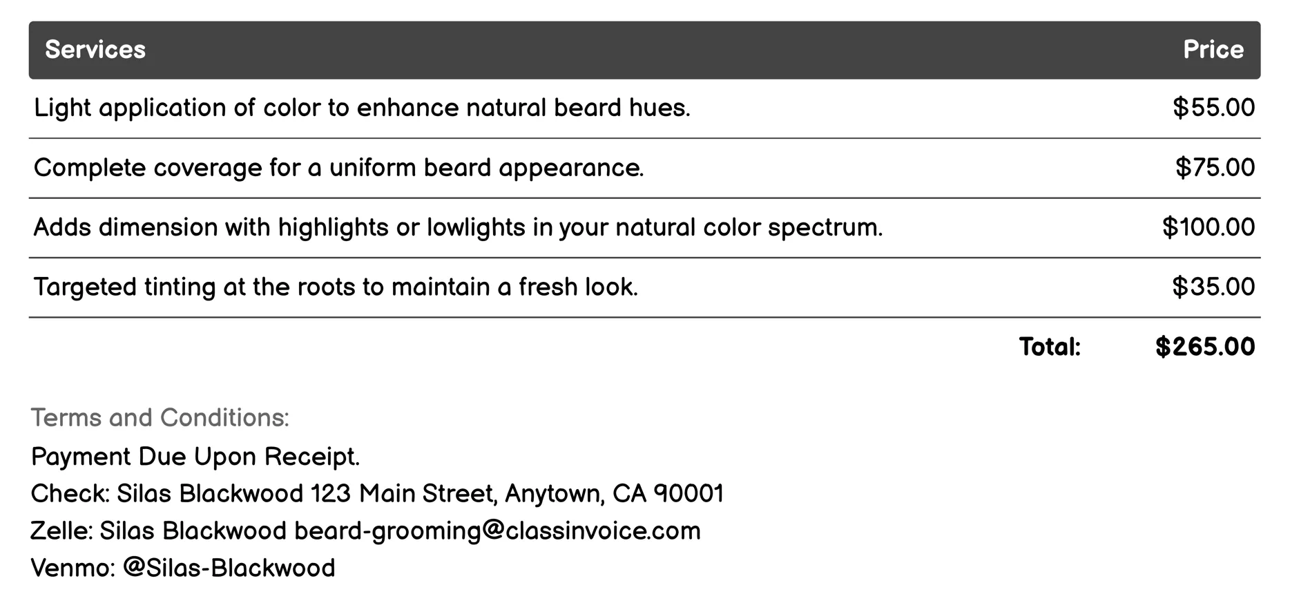 Beard Tinting Invoice Example