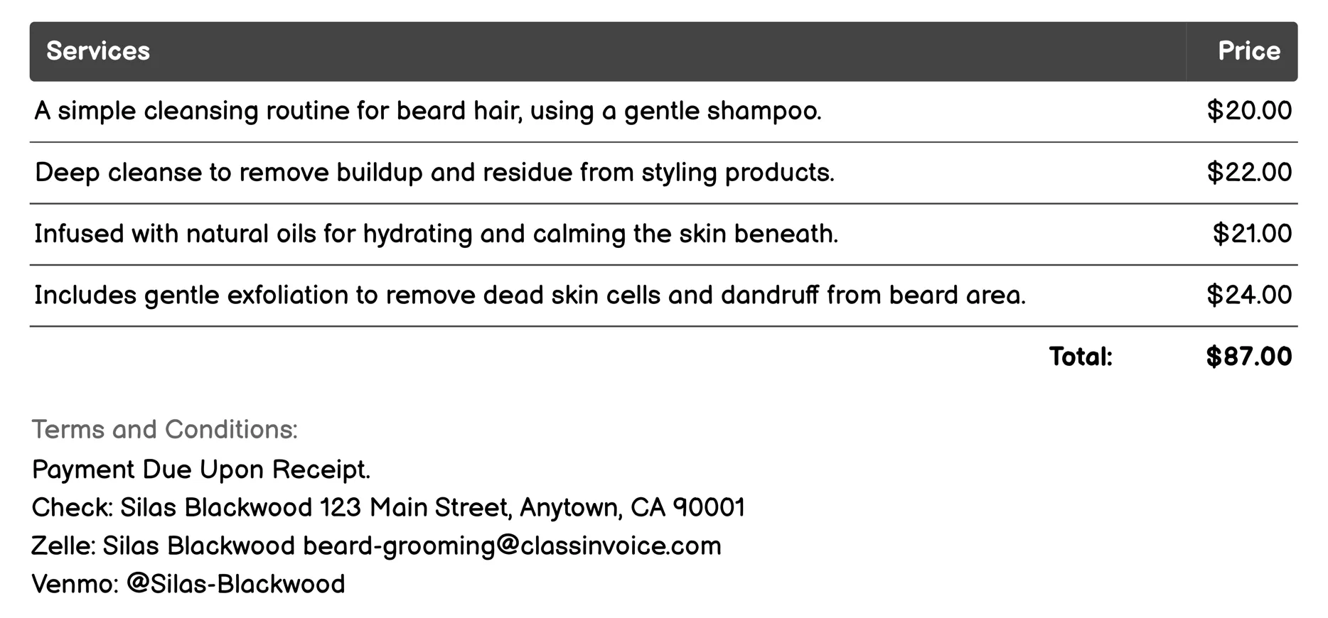 Beard Washing Invoice Example