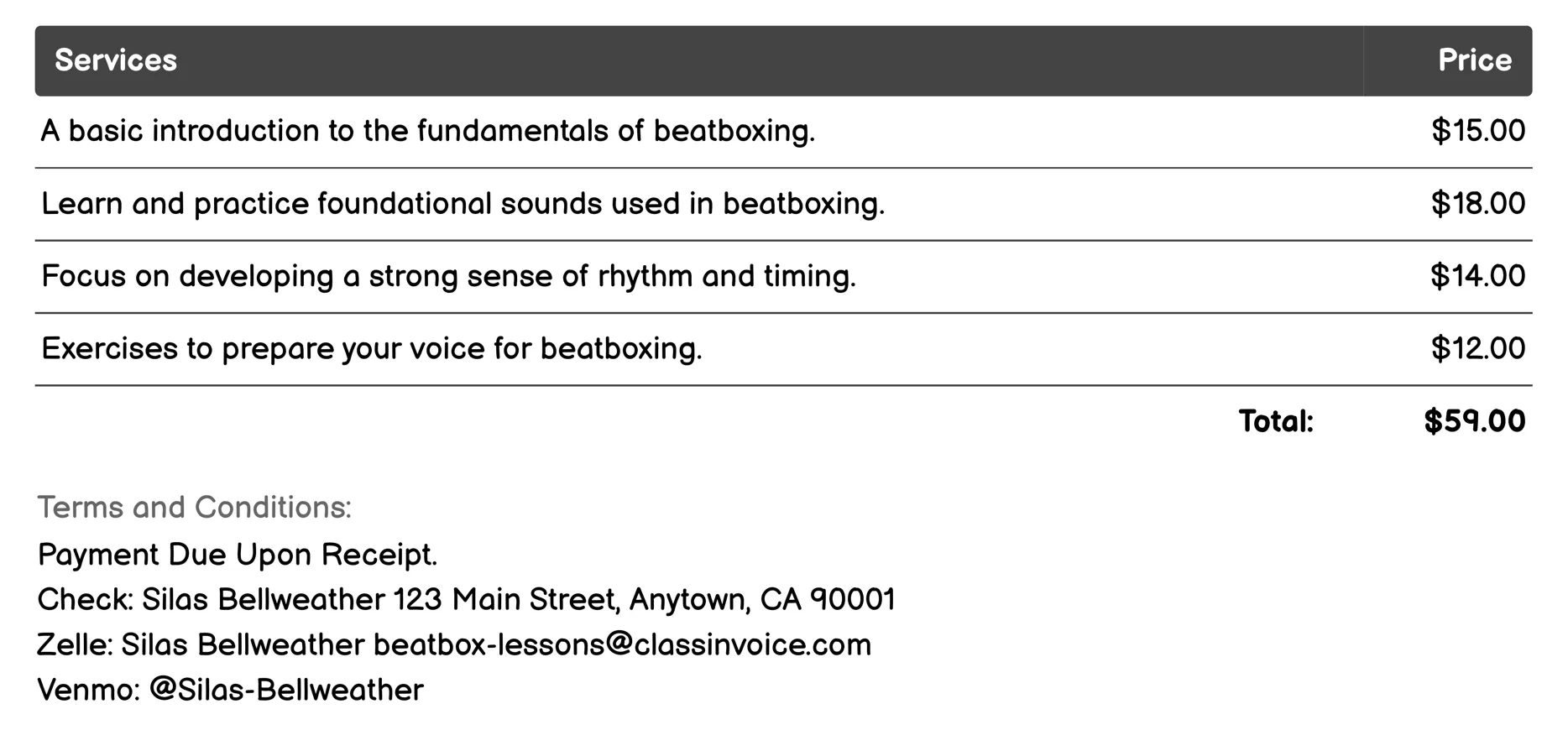 Beginner Beatboxing Invoice Example