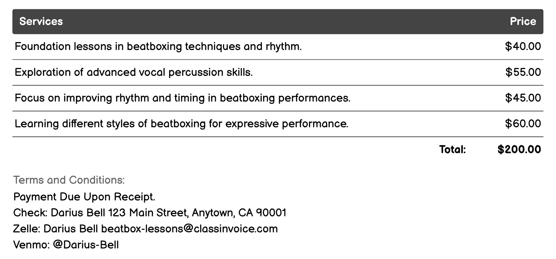 Performance Skills Workshop Invoice Example