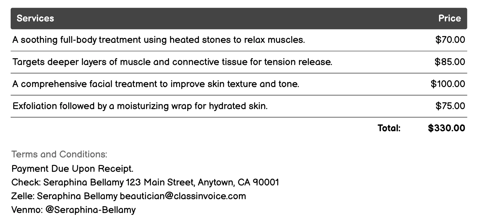 Body Treatments Invoice Example