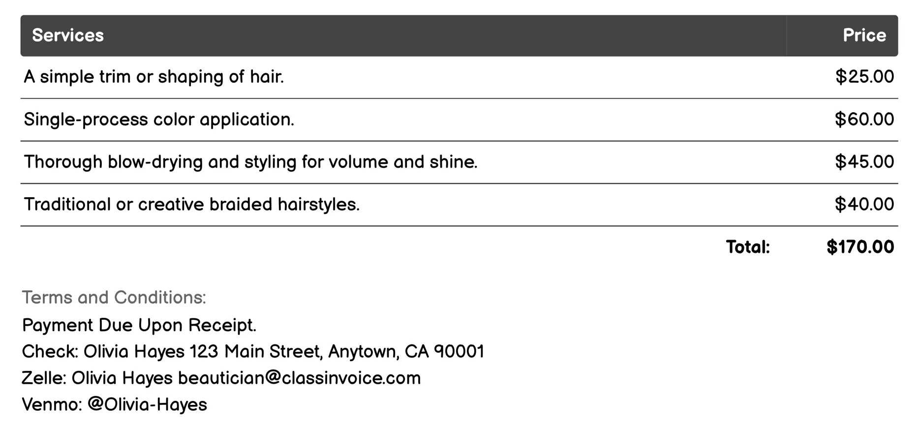 Hair Styling Invoice Example
