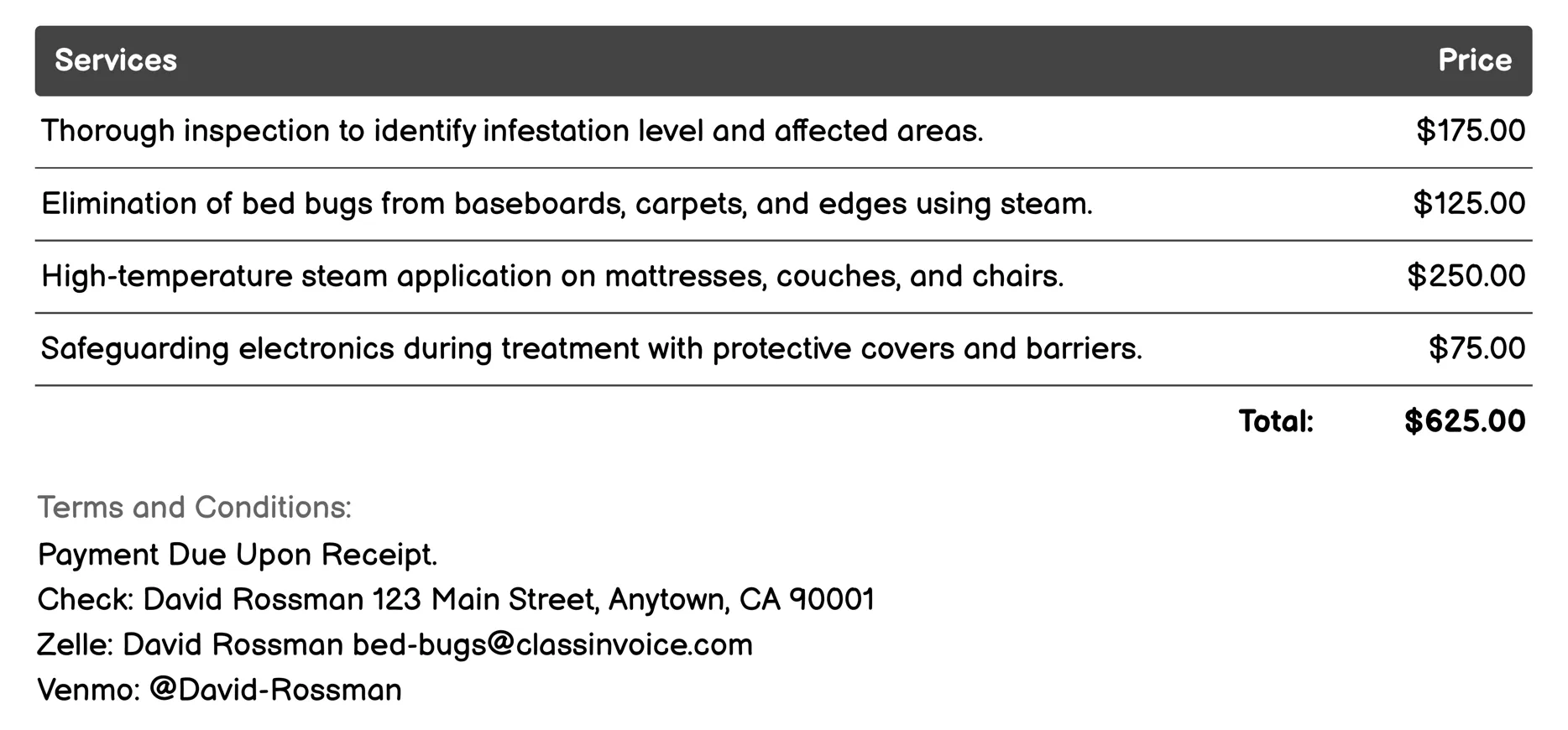 Steam Treatment Invoice Example