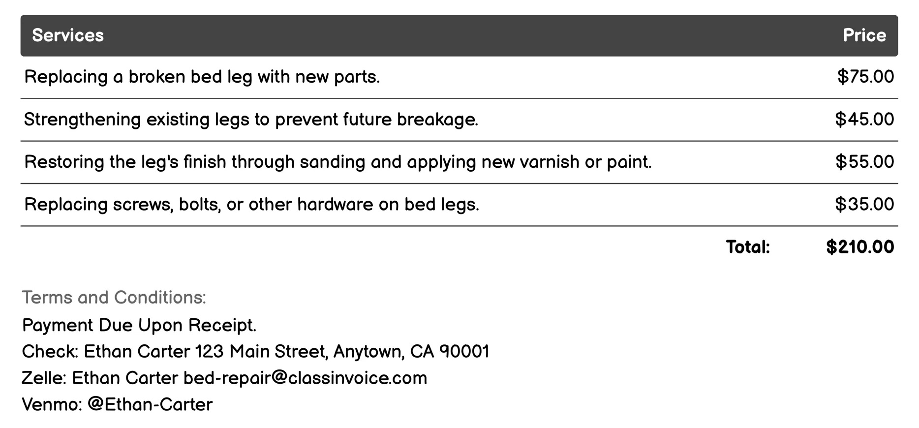 Bed Leg Repair Invoice Example